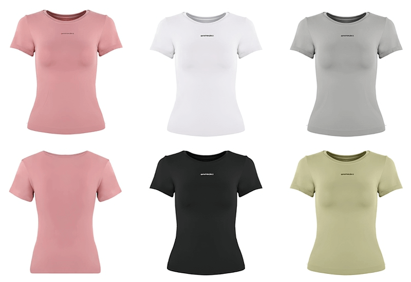 Six fitness female breathable t-shirts in pink, white, gray, black, and green. Short sleeves running sportswear, SF0039.